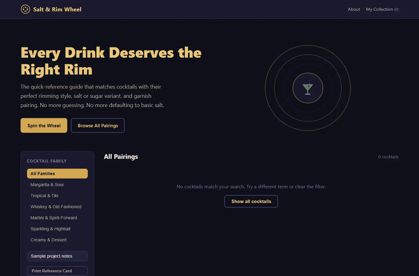 Screenshot of Cocktail Salt & Rim Wheel interface showing the project page in use